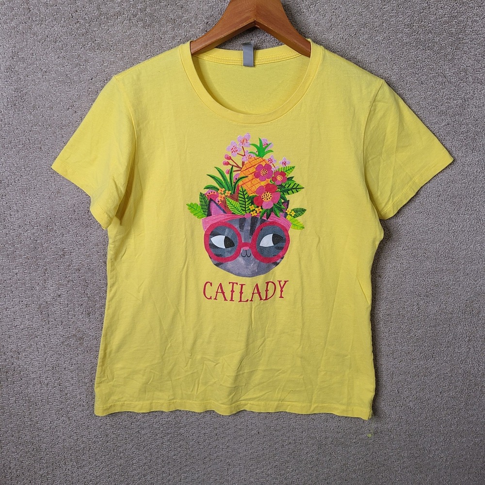 Next Level Shirt Women XL Yellow Cat Lady Graphic Tee Cotton Short Sleeve Casual